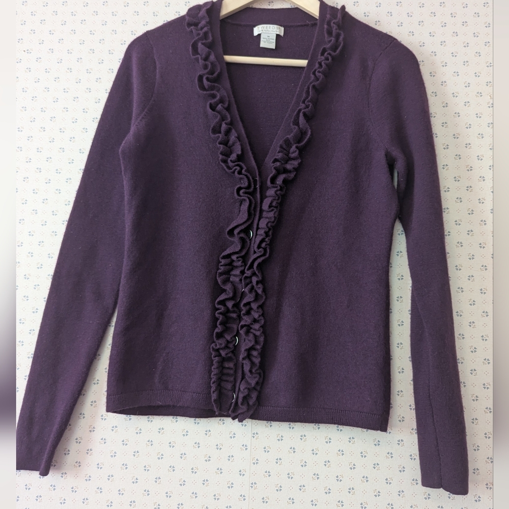💜 Ann Taylor S M Sweater Ruffled Cardigan Button Up Feminine Office